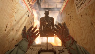 First-person perspective of a video game showing a target board, with two hands visible in the foreground as if holding a controller or aiming.